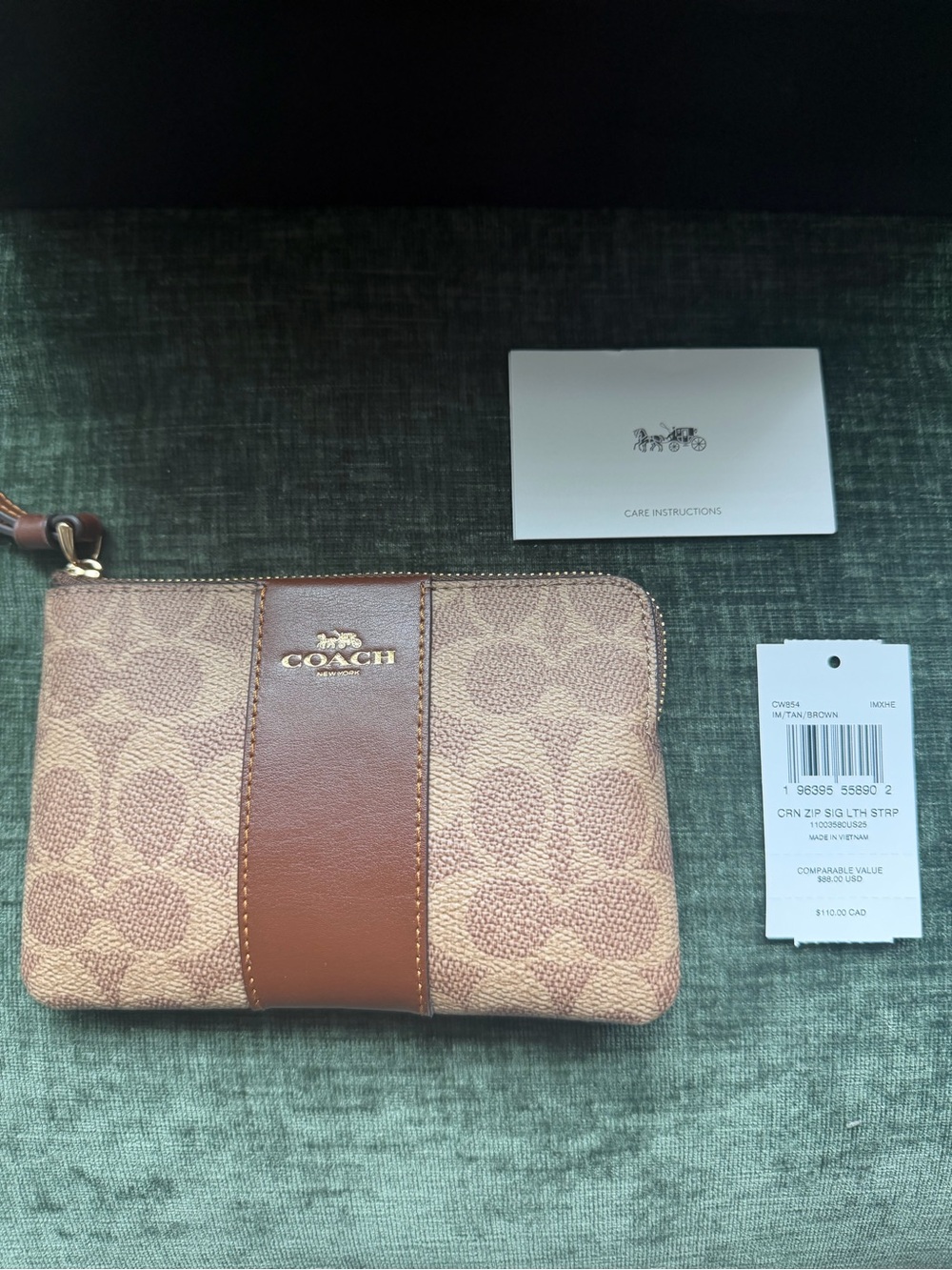 Coach Tan/Brown Signature Wristlet with Center Leather Stripe - Picture 2 of 2